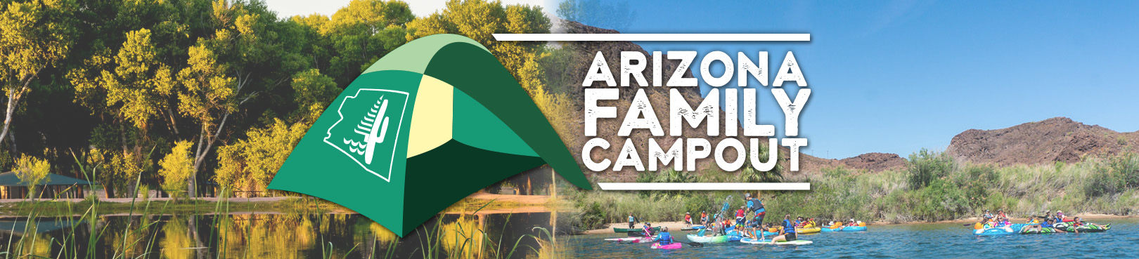 Arizona Family Campout logo overlayed two images of Arizona lakes