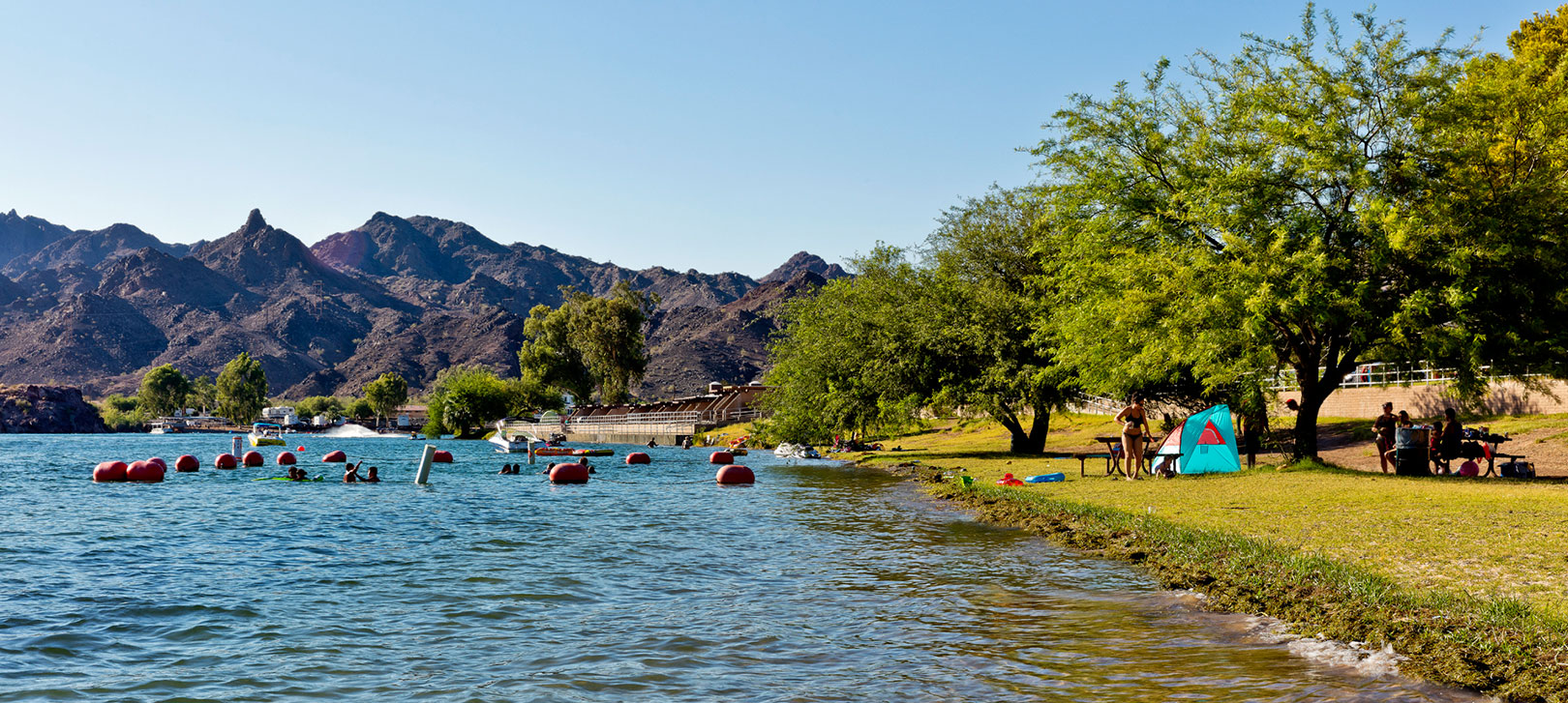 People enjoy swimming by the grassy banks of the Colorado River