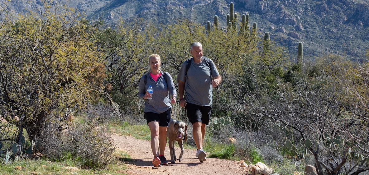 A man, woman and leashed dog hike along a trail at Catalina State Park