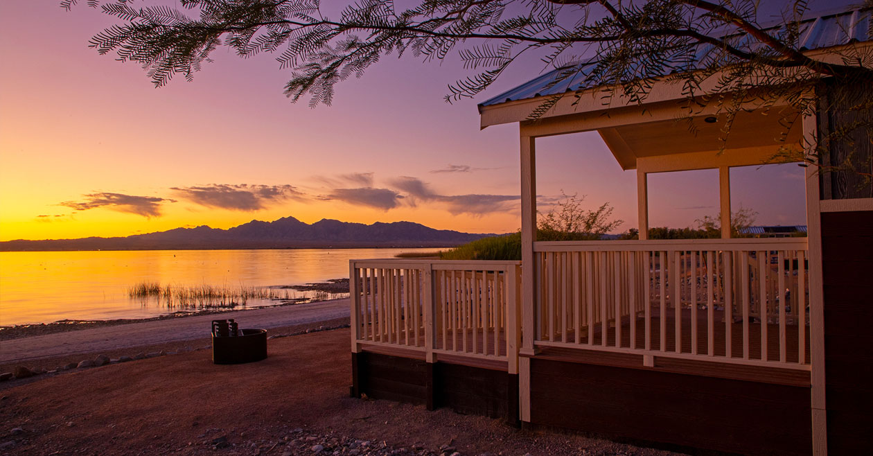 Sunset view from one of the rental cabins on the Colorado River at Lake Havasu State Park
