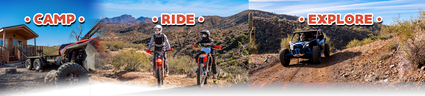 Camp, ride and explore banner showinng motorized trail uses