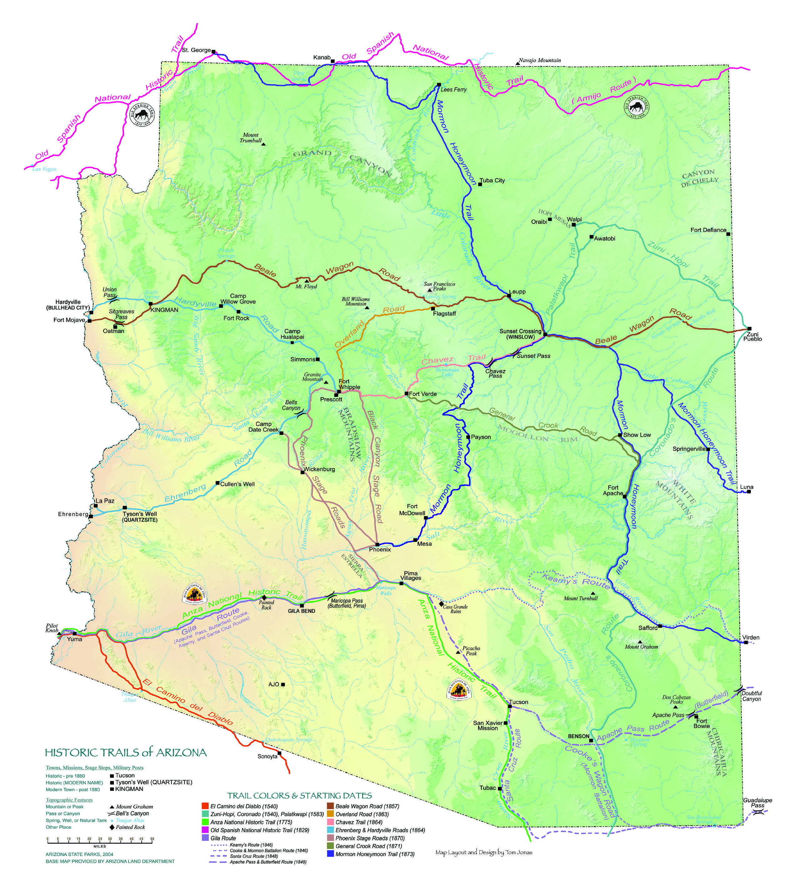 A map of Arizona showing where each of the historic trails is located