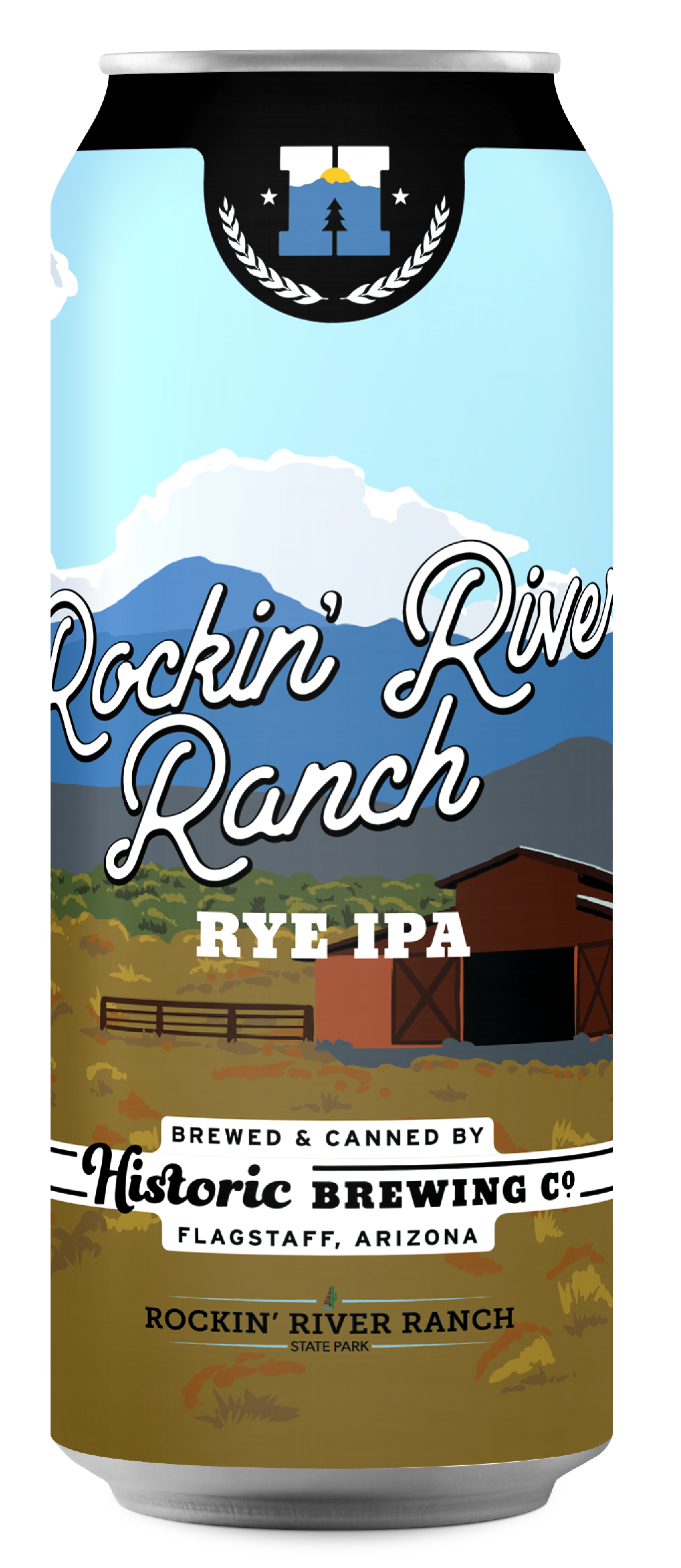 A can for the Rockin' River Ranch Rye IPA, depicting a graphic of the blue sky over a red barn in a pasture of brown grass, green trees and a mountain in the distance.
