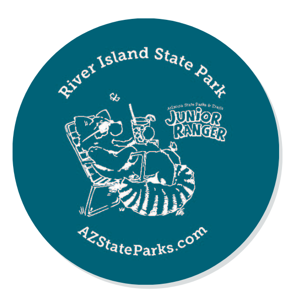 The Junior Ranger button for River Island State Park, featuring Rocky Ringtail
