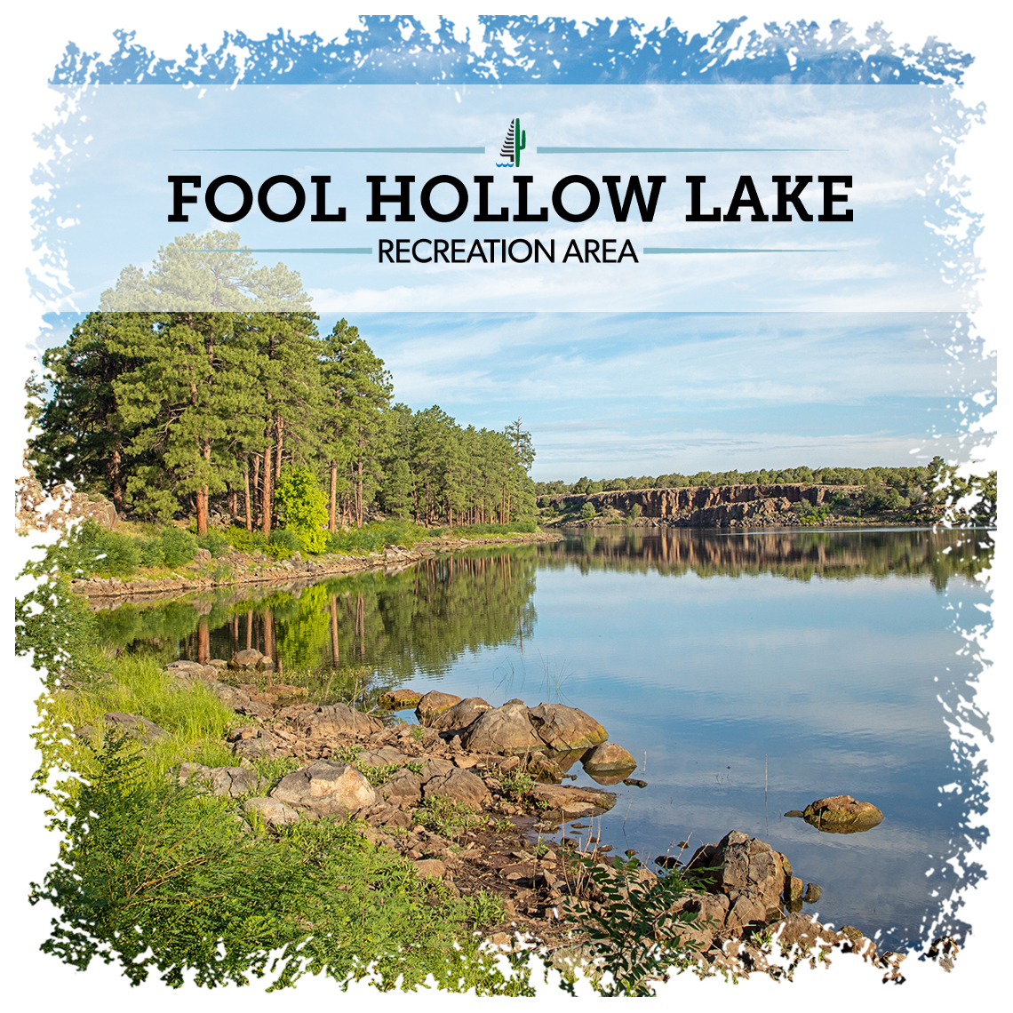 Panoramic view of Fool Hollow Lake and pine tree lined shorline