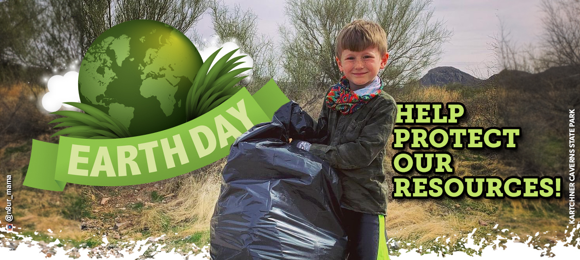This Earth Day , help protect our resources. Photo of a boy with a bag of litter on a trail