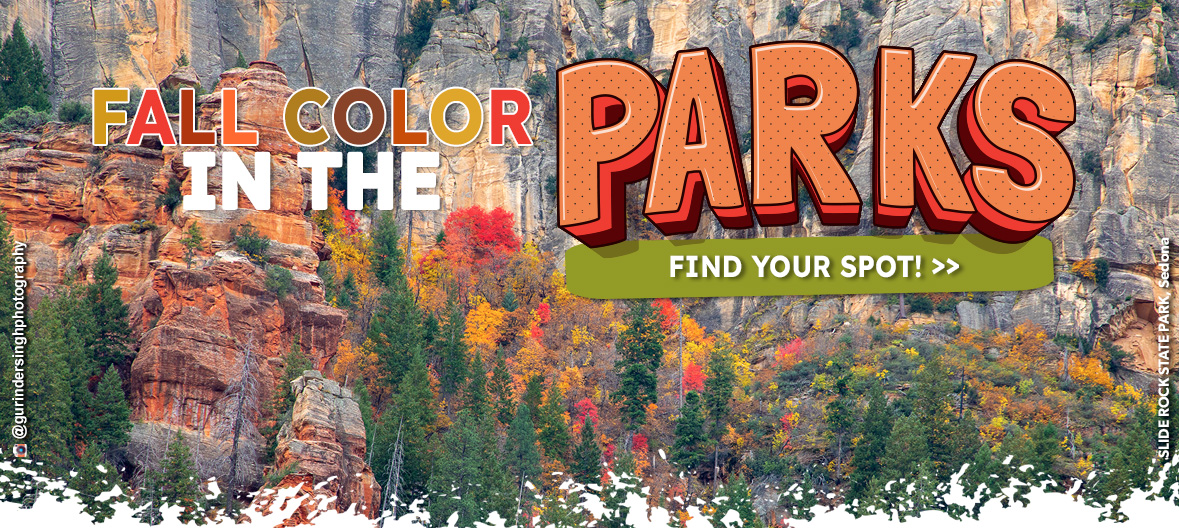 Fall Color in the Parks - Find Your Spot along an image of Slide Rock State Park