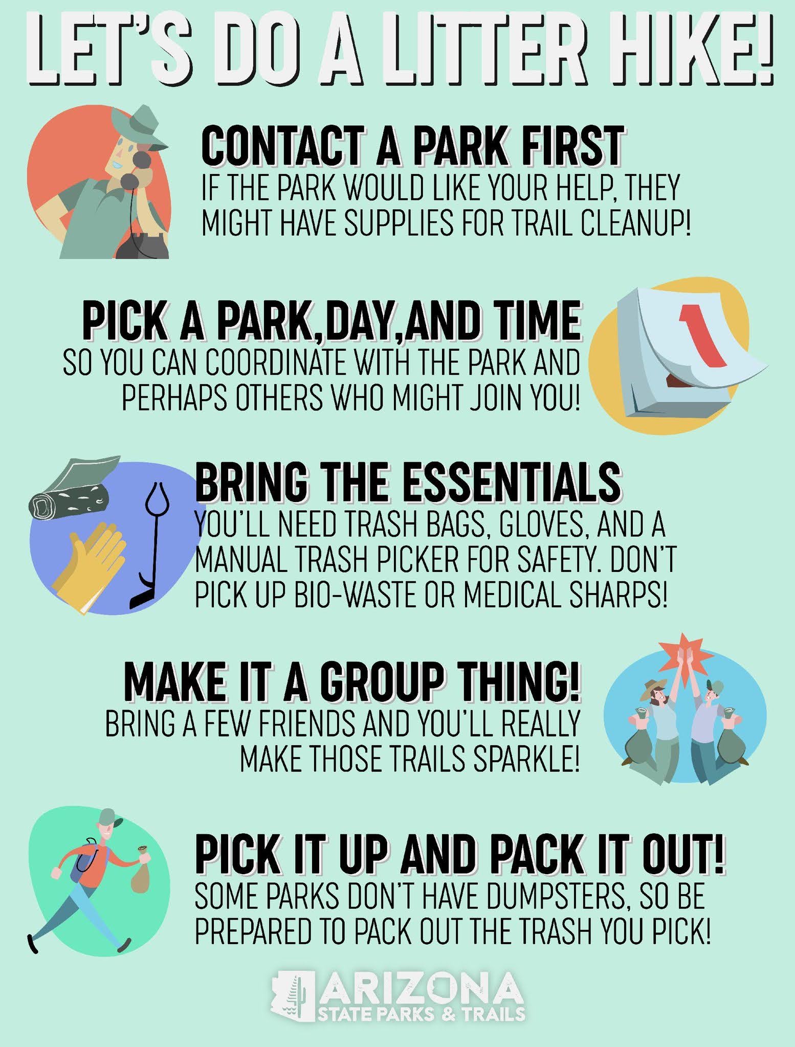 An infographic that says Let's Do a Litter Hike: Contact a park first, pick a park, day, and time; bring the essentials like trash bags, gloves, and a manual trash picker; make it a group thing by bringing a few friends, and pick it up and pack it out...some parks don't have dumpsters so be prepared to pack out the trash you pick.