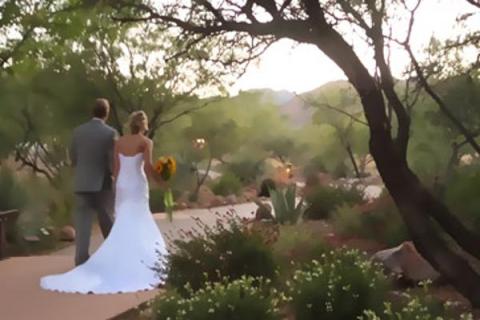 A bride and groom walk down the aisle leading through a lush green garden surrounded by trees, plants, and flowers.