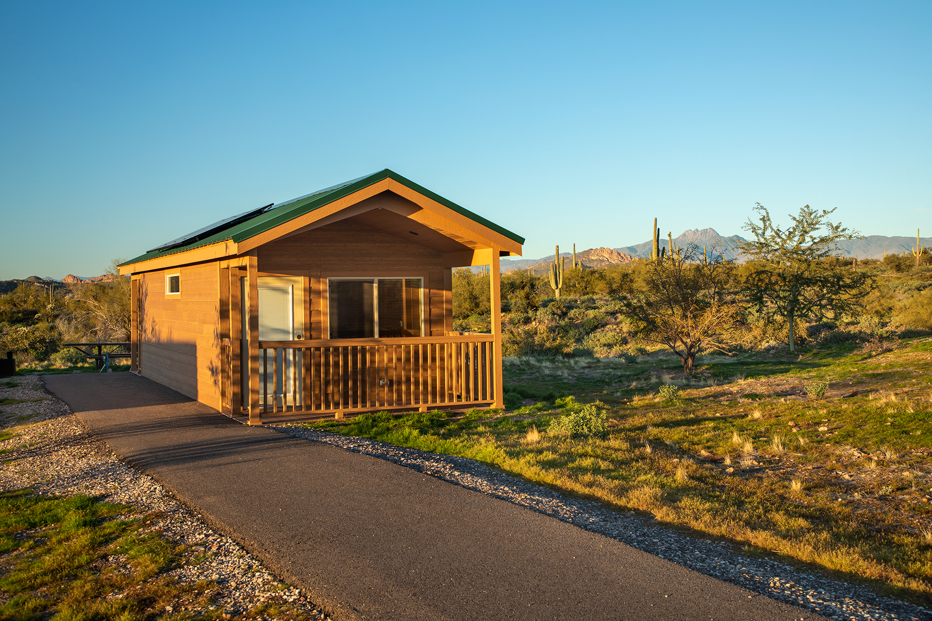 A view of the front of one of the rental cabins at Lost Dutchman State Park near Phoenix