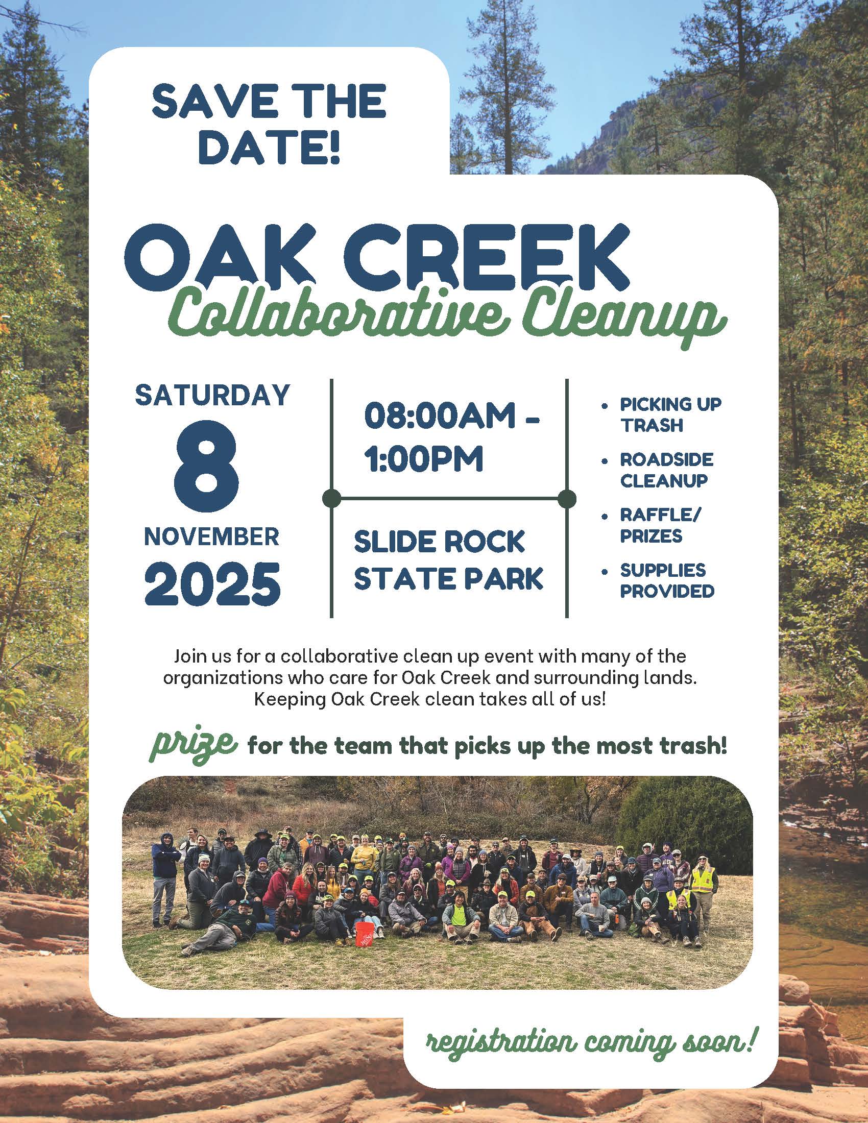 A flyer for the Oak Creek Collaborative Cleanup on Saturday, November 8 from 8 a.m. to 1 p.m. at Slide Rock State Park. The event includes a prize for the team that picks up the most trash, and registration for the event is coming soon.
