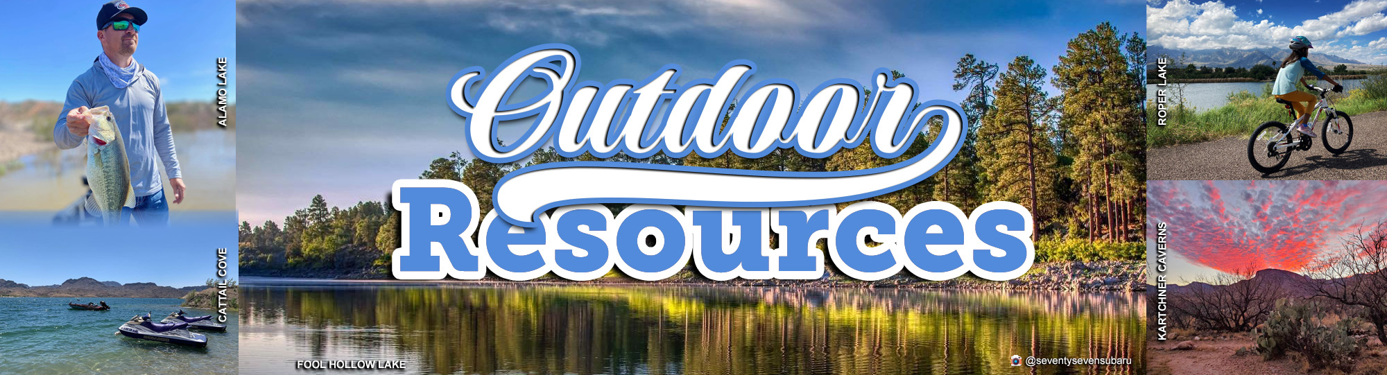 A collage of a variety of outdoor experiences like fishing and biking. The header reads "Outdoor Resources"