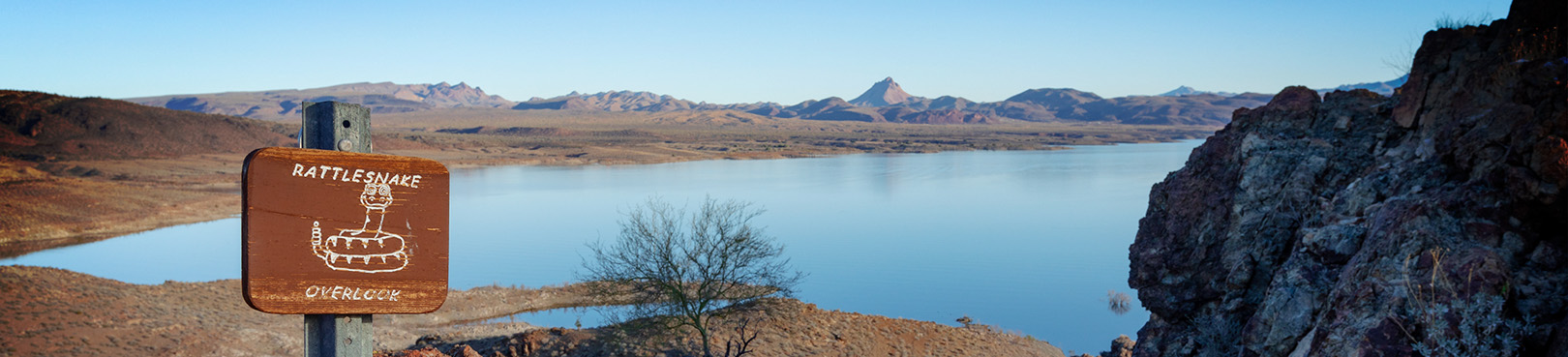 A panoramic view of a calm, still Alamo Lake surface from the Rattlesnake overlook.