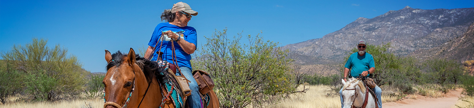 Two Horseback riders explore a Sonoran Desert trail at the base of the Catalina Mountains which loom behind them in the distance.