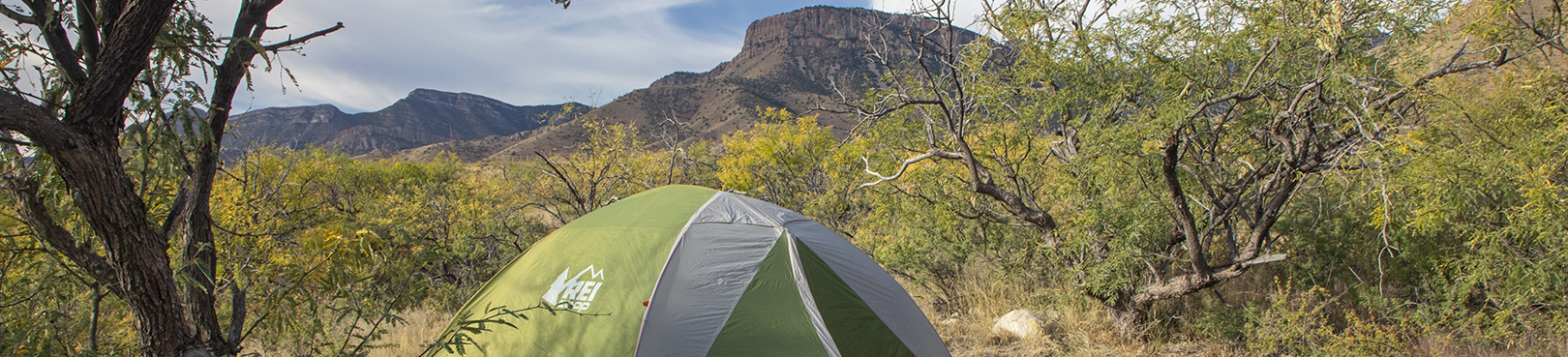 Apache Peak in the Whetstone Mountains can be seen in the distance over a small green tent in a desert campsite.