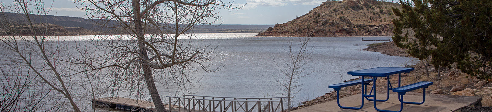 Viewing the lake and surrounding mountains on a cloudy day from the picnic area above the boat dock.