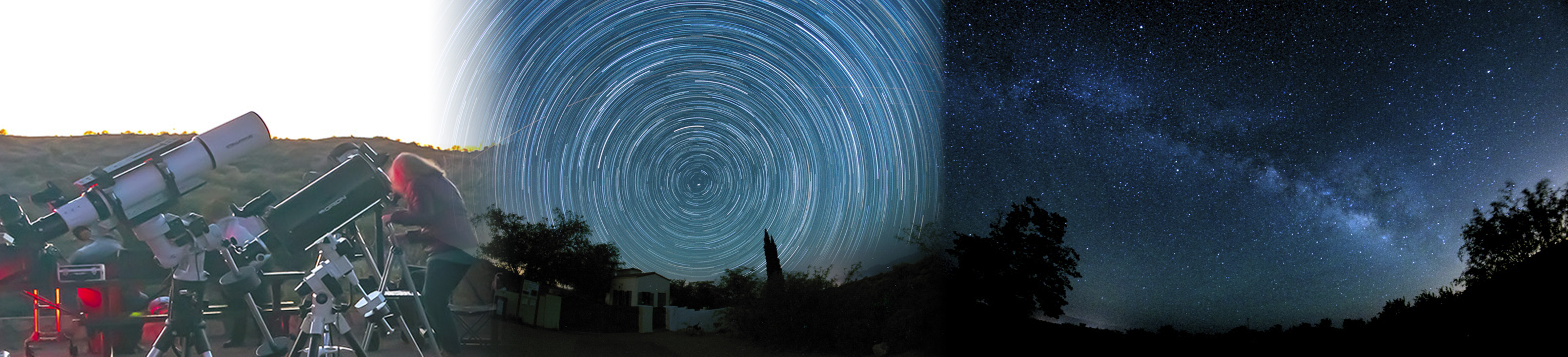 Night sky mashup image that includes the milky way, long exposure, and telescopes pointed toward the sky.