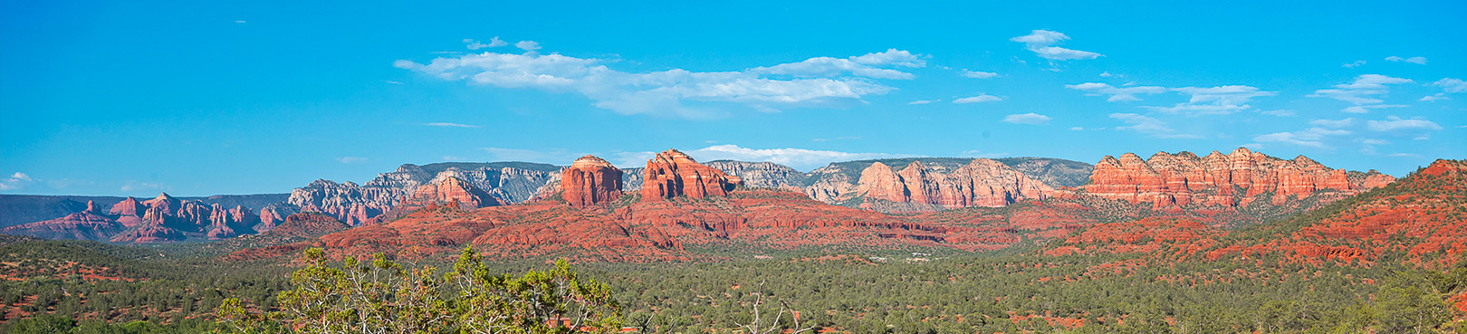 The bright rust colored rocks of Sedona horizontally bisect vivid green vegetation and bluebird skies.