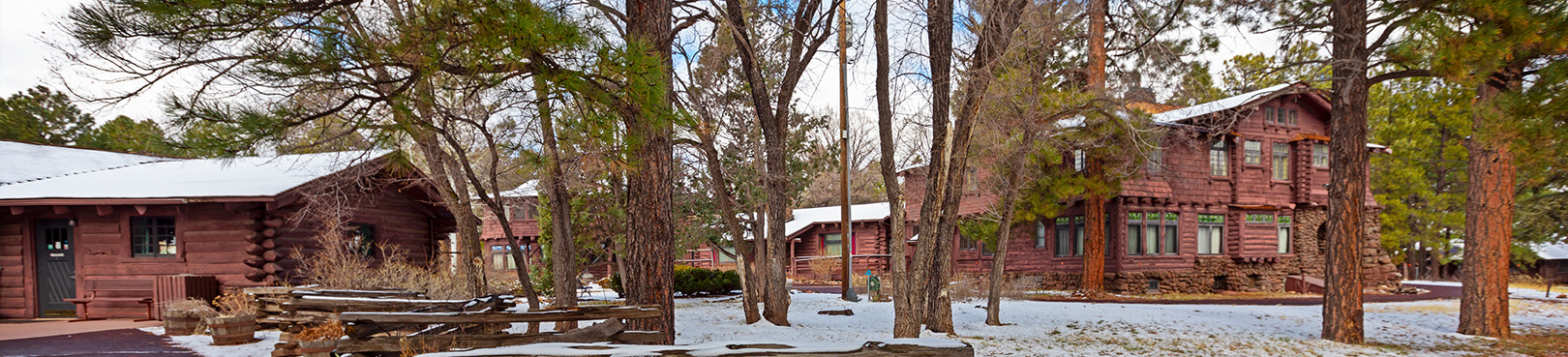 A white capped Riordan Mansion as seen through the pine trees after a blanket of snow has fallen.