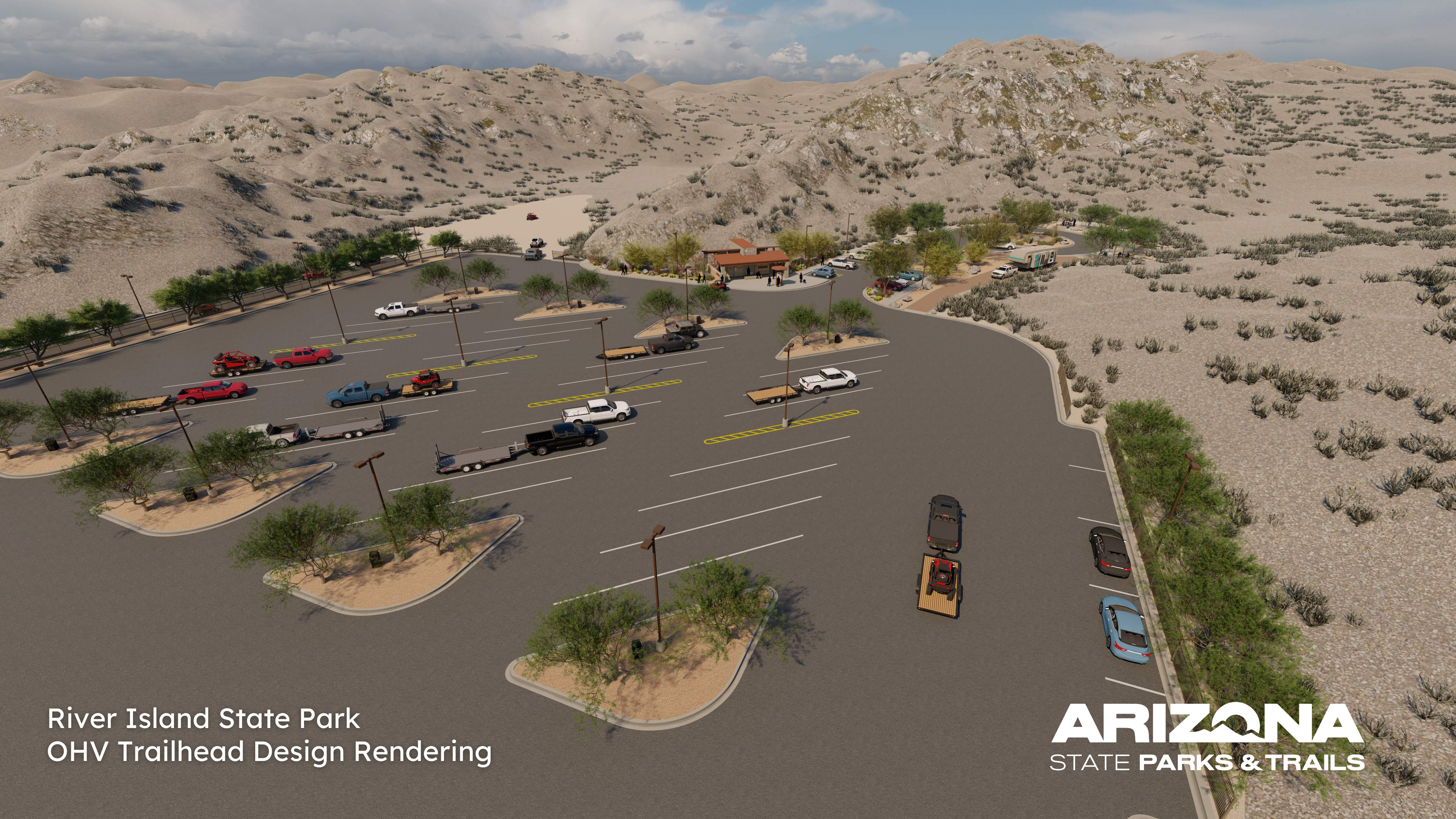 A design rendering of the future OHV trailhead at River Island State Park, including a parking lot and trail access.