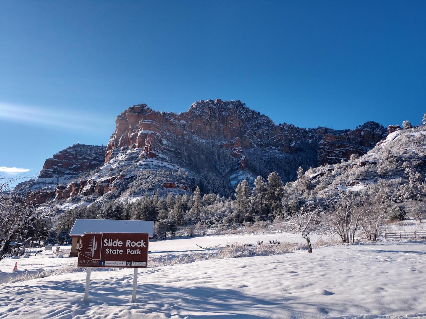 Winter snow blankets the grounds at Slide Rock State Park
