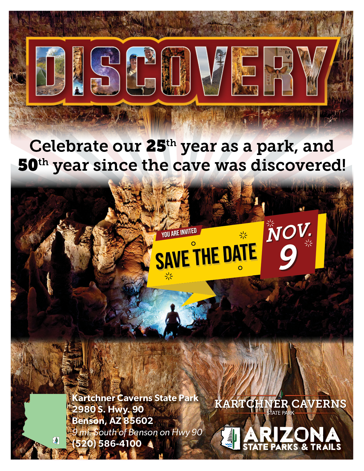 An event flyer for the 50th Anniversary of Discovery at Kartchner Caverns State Park, urging viewers to save the date for November 9 at the park.