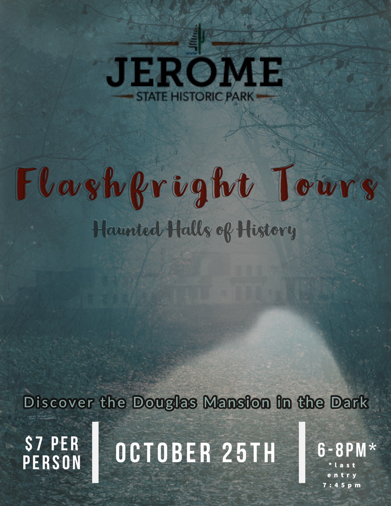 An event flyer showing a picture of the Douglas mansion obscured by mist and dormant trees, with text overlays that read 