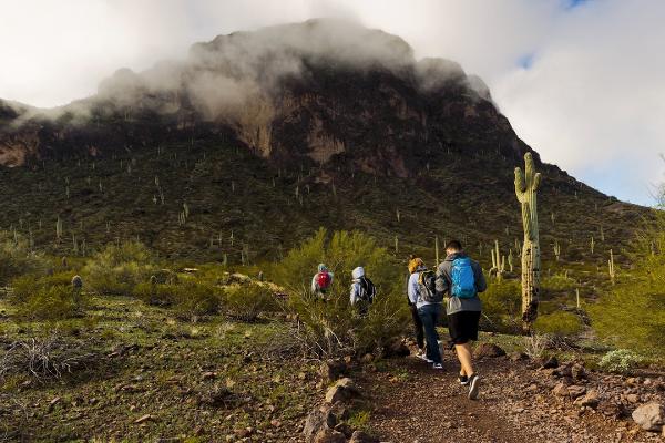 Fog covers the peak at Picacho Peak State Park, while hikers climb up the trail.