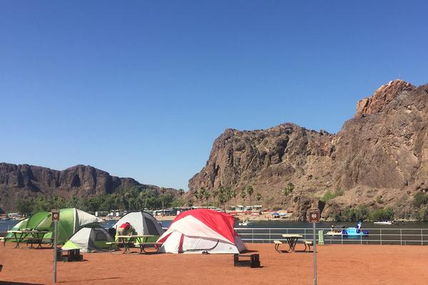 Riverfront campsites with tents set up at Buckskin Mountain