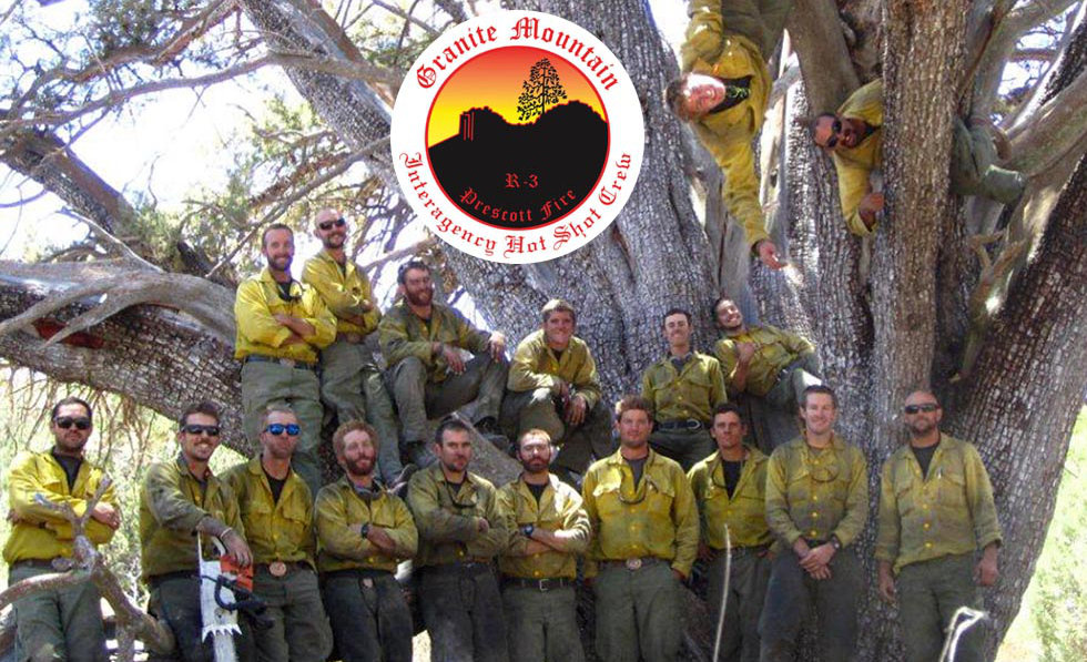 The Hotshots crew poses with the famous juniper tree shortly before the Yarnell Hill Fire