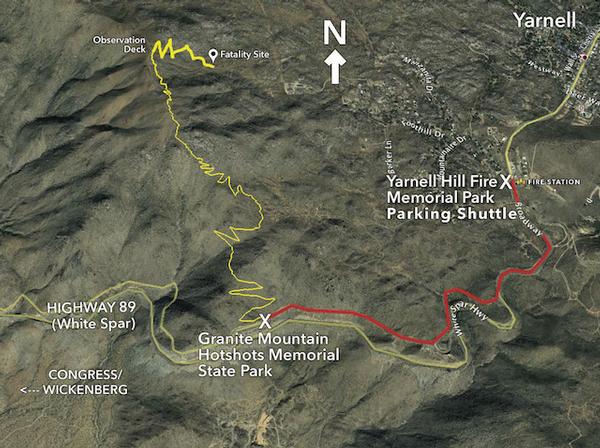 A map from the town of Yarnell parking to the Granite Mountain Hotshots Memorial State Park