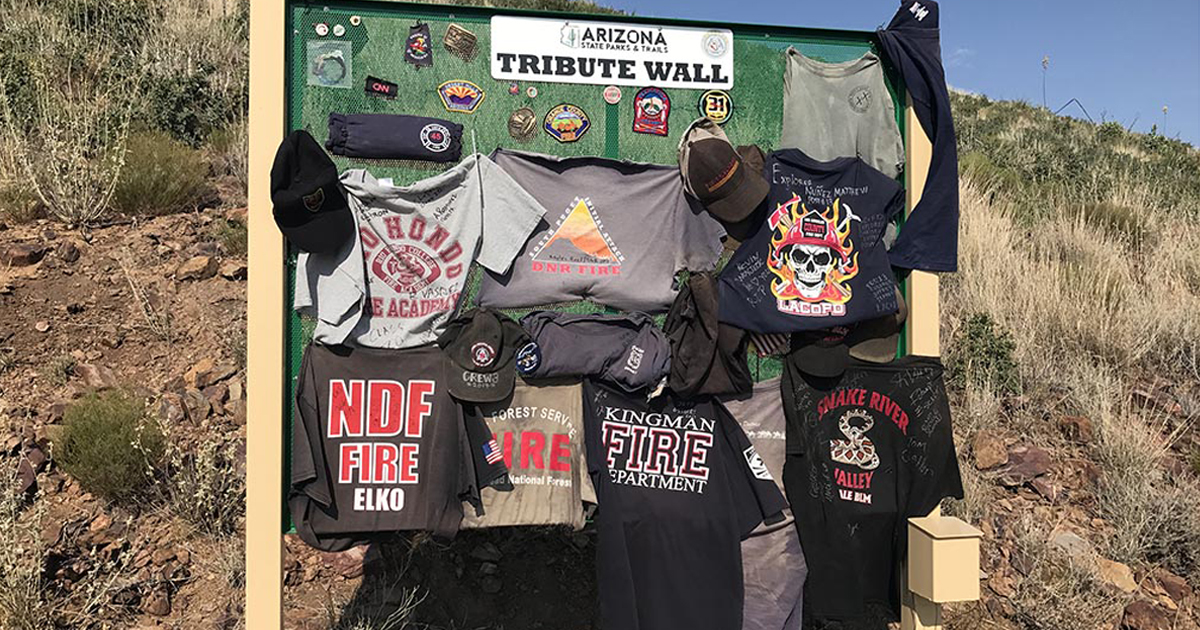 The Granite Mountain Hotshots Tribute Wall at the top of the trail