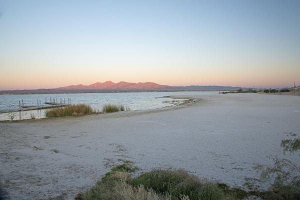 The white sand beach at Lake Havasu State Park, in early morning light.