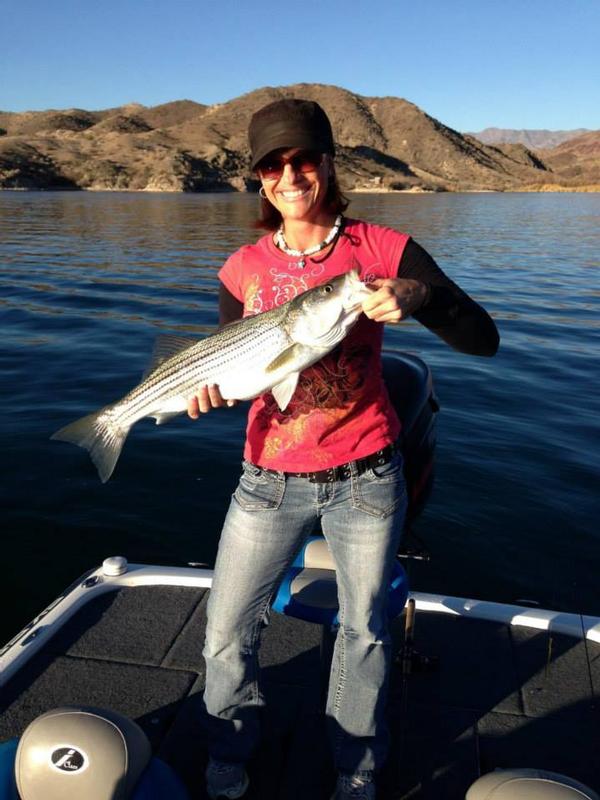 Happy angler holding a nice Lake Havasu Striped Bass