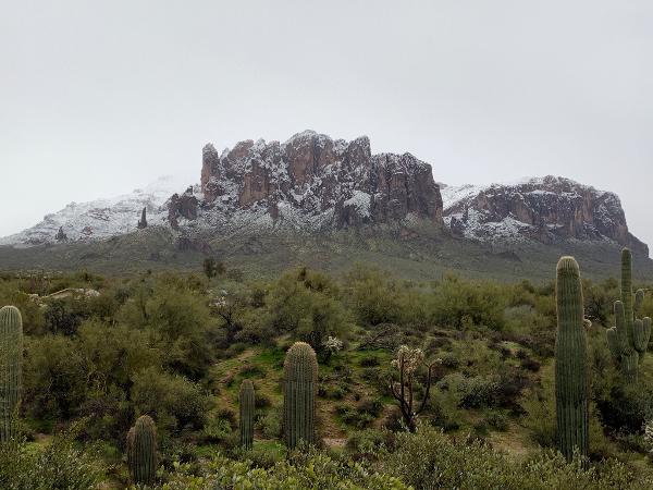 Snow tops the Superstition Mountains at Lost Dutchman State Park