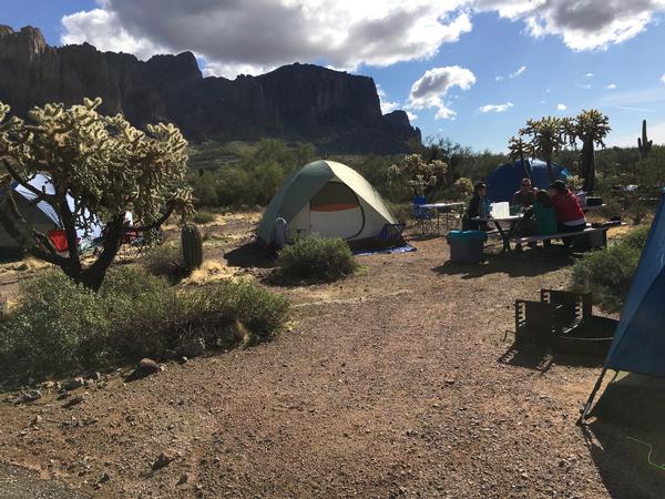 Family campout at the base of the Superstition Mountains in Lost Dutchman State Park