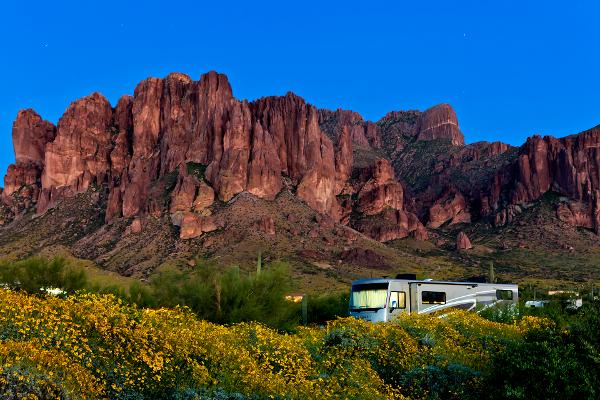 An RV at the campground at the base of the Superstition Mountains