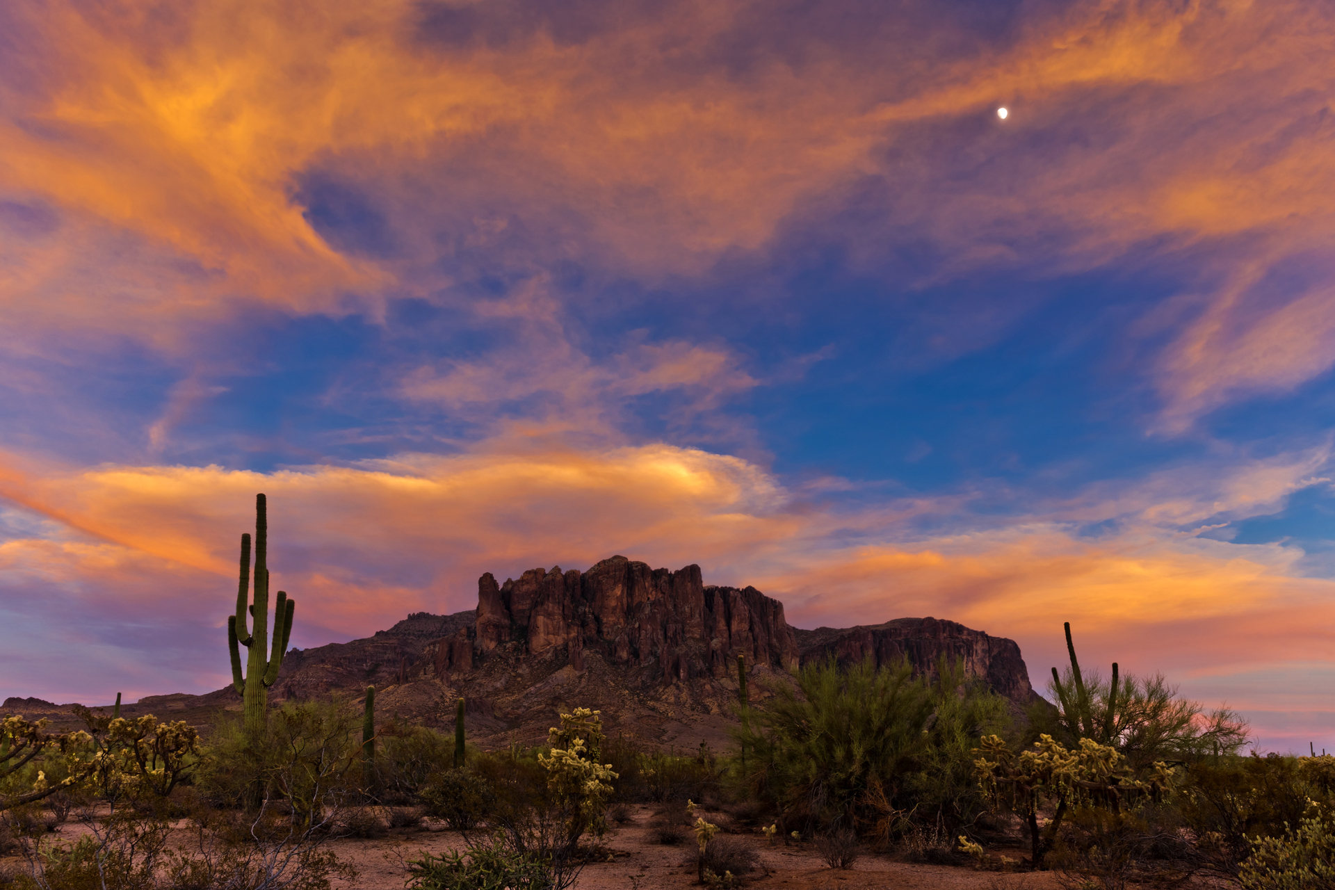 Sunset over Lost Dutchman State Park near the Superstition Mountains