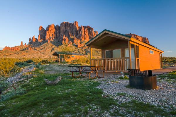 Cabin Rental with Superstition Mountains in the background near Phoenix at Lost Dutchman