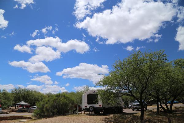 The bright blue sky over an RV at Patagonia Lake