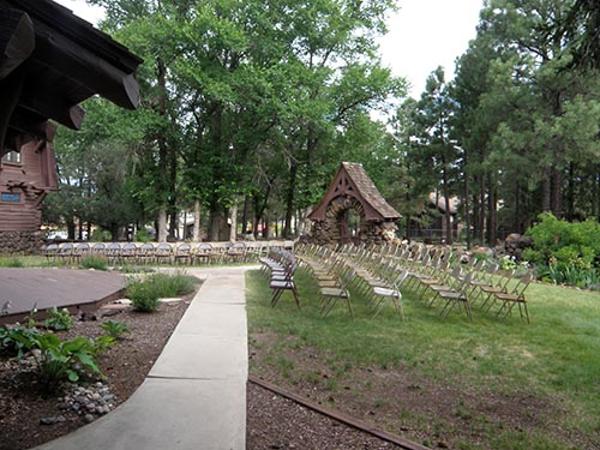 A wedding set up in the outdoor courtyard at Riordan Mansion State Historic Park