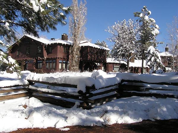 The Riordan Mansion surrounded by snow