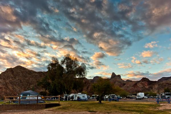 River Island Campground with a sunset in the background