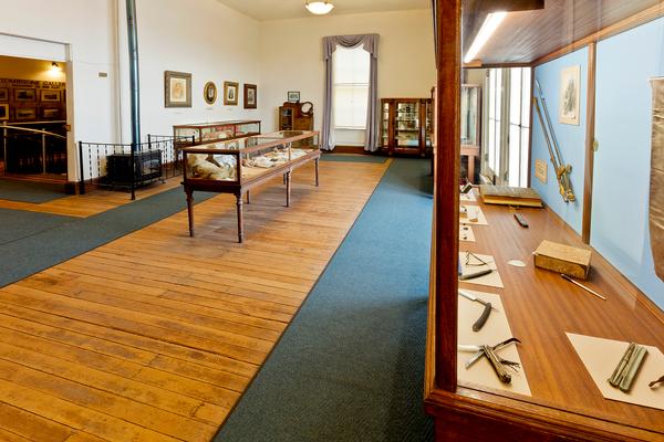 A view of the inside of Tombstone Courthouse State Historic Park, with exhibits on life in the old west in 1800s.