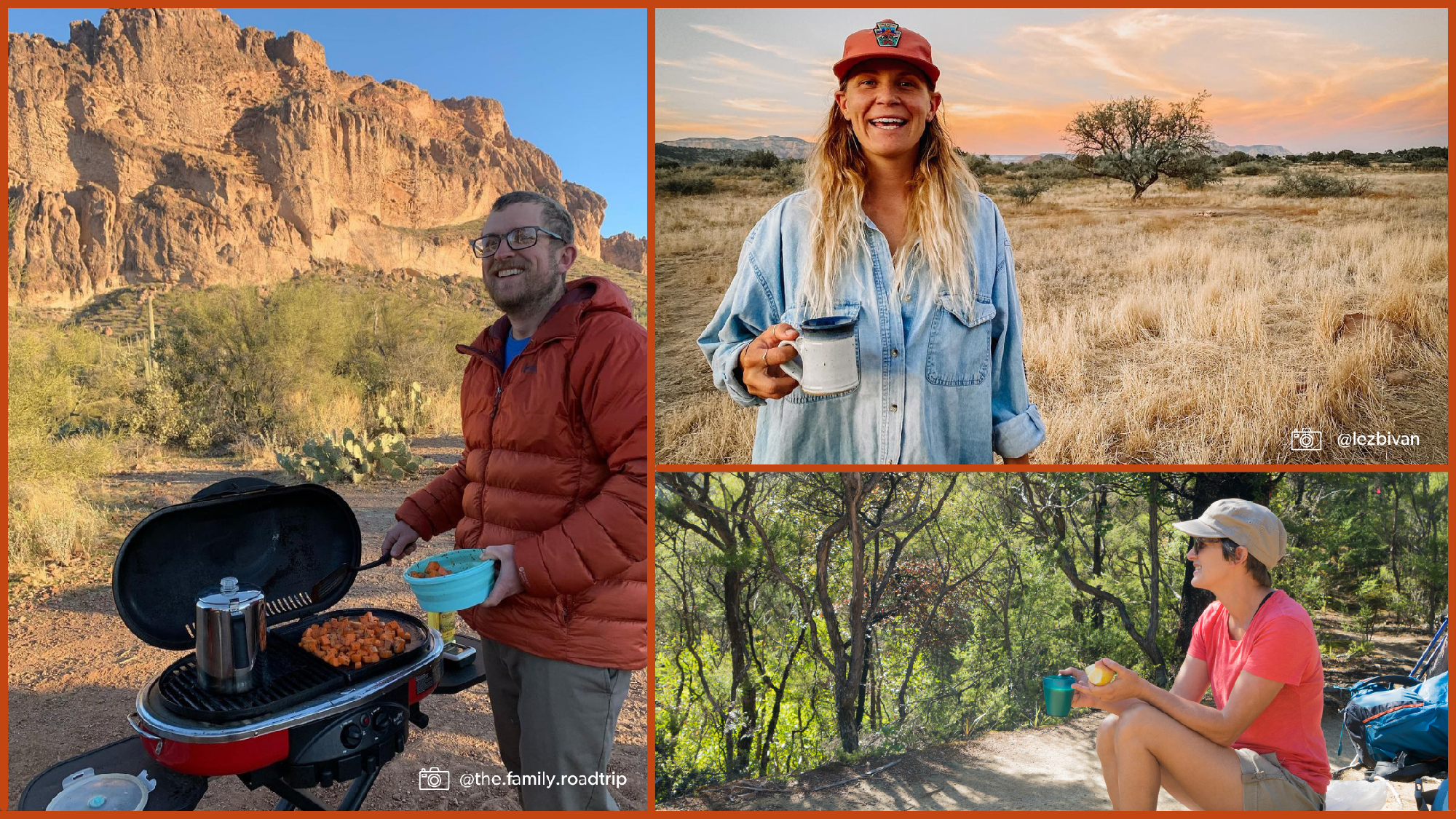 Collage of people cooking and enjoying vegan camping food in state parks