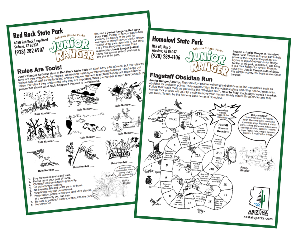 Graphic of junior ranger activity sheets with maps, animals and plants.