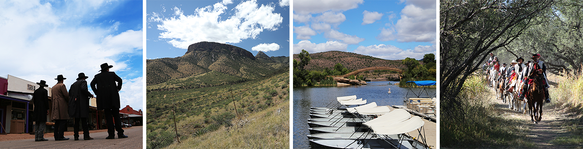 A four image collage that shows what might be experienced on a Southern AZ Road Trip. Cowboy gunfight, Whetstone Mountains, Patagonia Lake Marina, and Spanish Conquistadors on horses. 