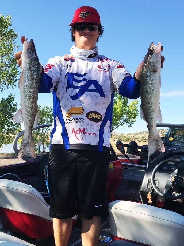 An angler holds up two Lyman Lake Walleye