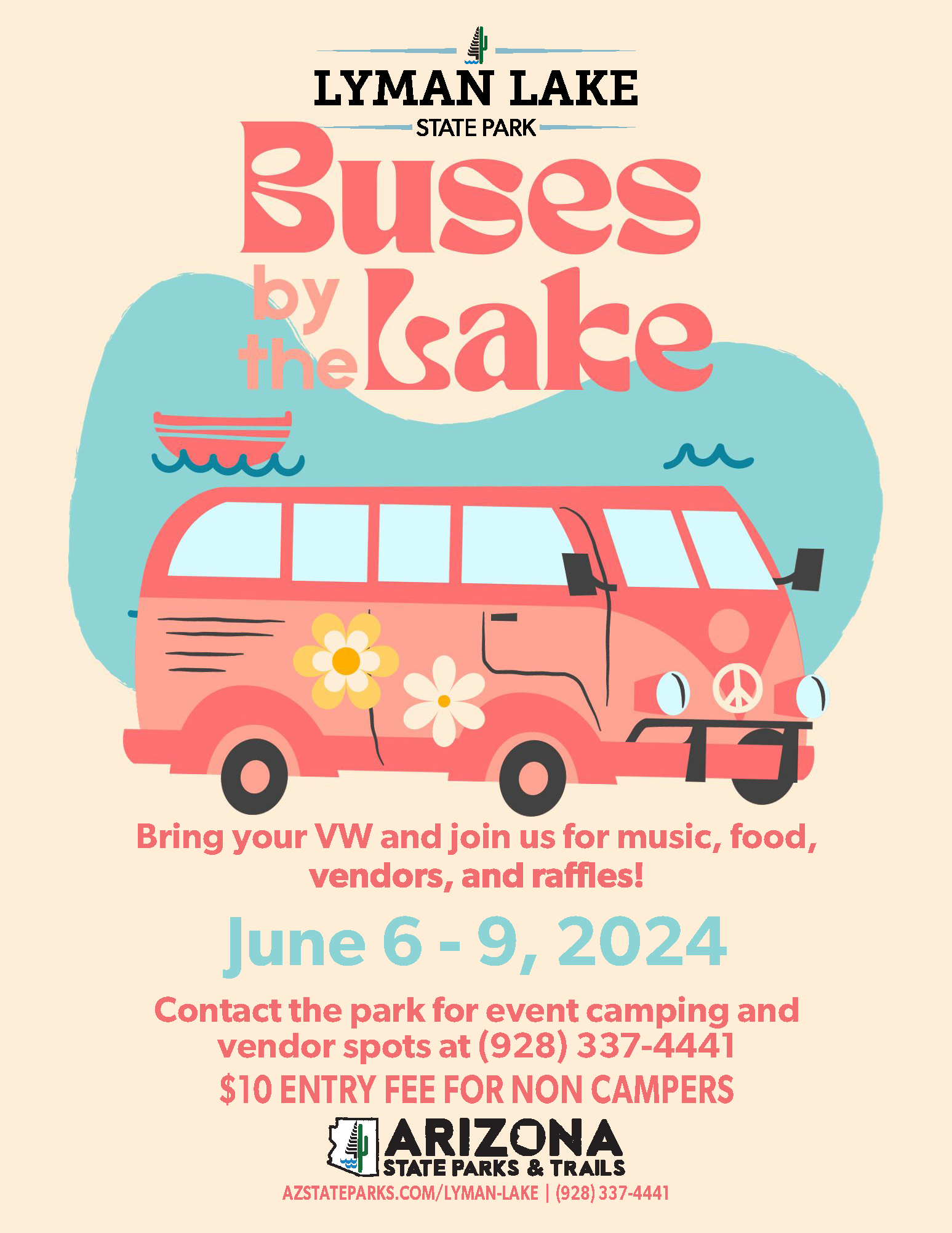 Flyer with a graphic of a pink VW bus with flowers on the side in front of an illustrated lake. Text on the flyer reads 