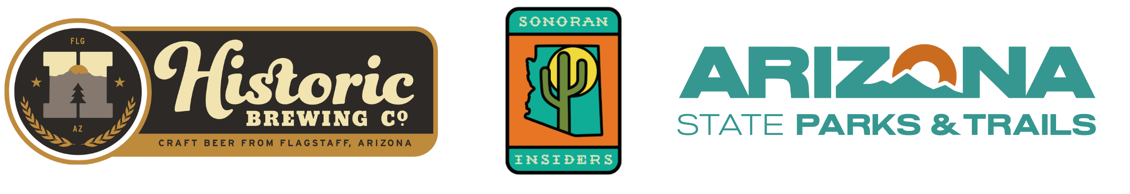 Logos for Historic Brewing Company, Sonoran Insiders, and Arizona State Parks and Trails